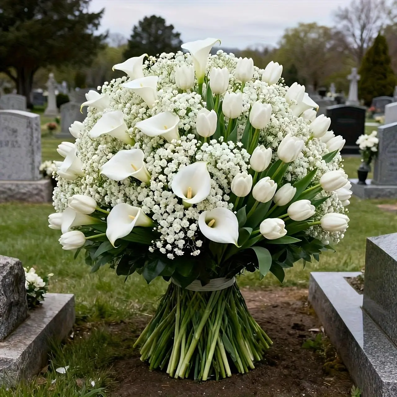 33pcs Realistic Artificial Cemetery Flowers, 21 Star Gypsophila + 12 Tulips, UV-Resistant, Decorative Flowers, Wedding Decor, Home, Funeral, Holiday Decor, Fake Floral Decor, Artificial Flower Arrangement, Artificial Plants