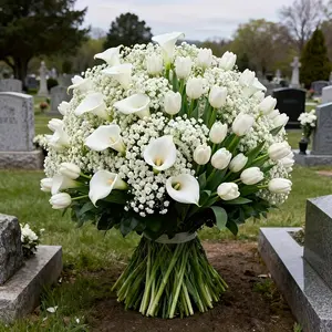 33pcs Realistic Artificial Cemetery Flowers, 21 Star Gypsophila + 12 Elegant Tulips, UV-Resistant, Wedding Decor, Home, Hotel, Funeral, Holiday Decor, Home Decoration Bouquet
