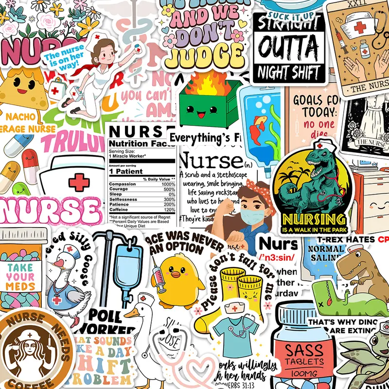 120Pcs Funny Nurse Decorative Stickers - Waterproof Durable Glossy Vinyl Labels, 2.5-3 in, Self-Adhesive for Flat Surfaces, Laptops, Water Bottles - Healthcare Worker Graduation Gifts, Waterproof Durable Sticker