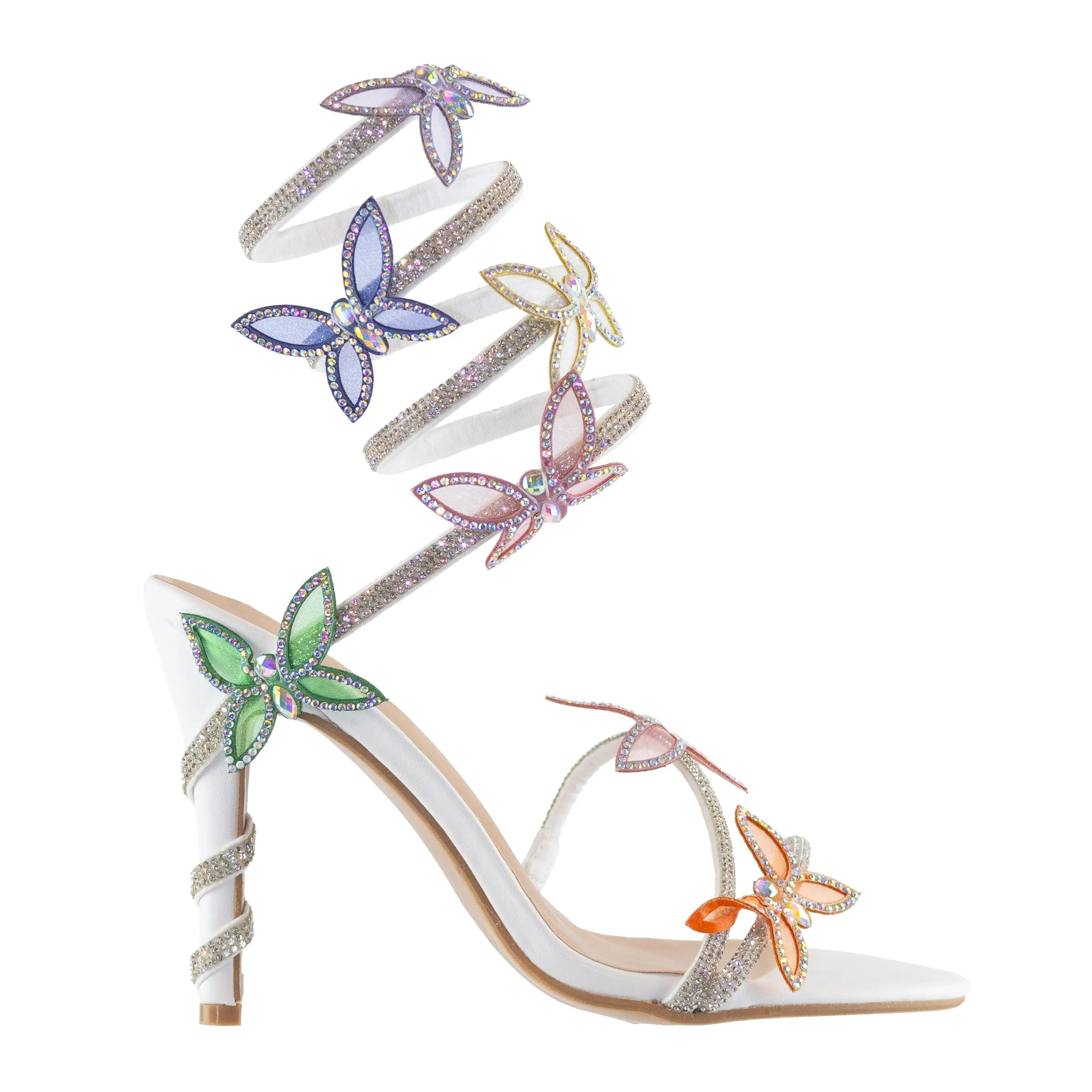 Game - Open Toe Elegant High Heel Sandals, Adjustable Spiral Coil Strap, Rhinestone Butterfly Accents, Glamorous Party Footwear, Eye-Catching Design