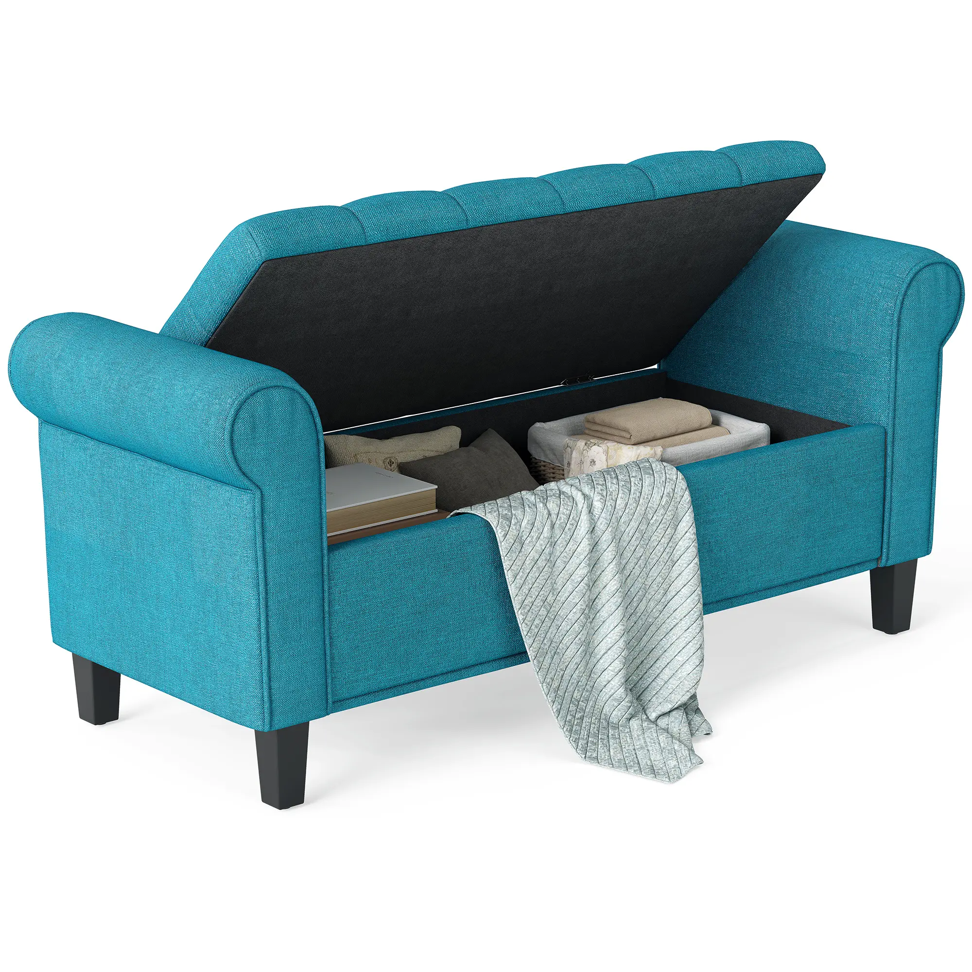 Storage Ottoman Bench, 49.5 Inch Teal Snow Flannel-Feel Fabric Button Tufted Bench Rolled Arm Design Hidden Storage Space Sturdy Wood Legs 485LBS Super High Load Capacity  End of Bed Bench for Bedroom Living Room