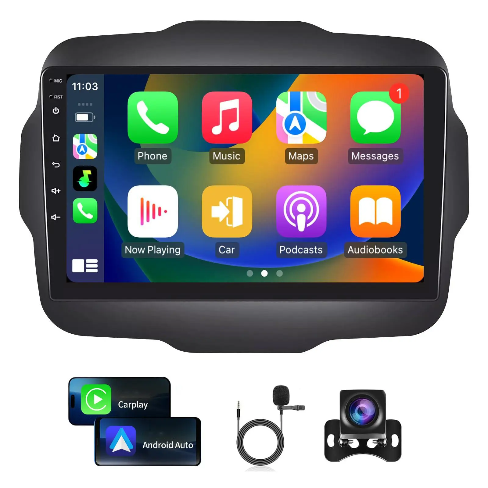 9-inch 1280*720 HD Touch Screen Android 13 Car Stereo Unit for Jeep Renegade 2015-2020, Wireless CarPlay & Android Auto, 2G/4G RAM+64GB Storage, GPS Navigation, WiFi, Bluetooth, SWC, Backup Camera, Adjust Band EQ, In-Car Audio, CarPlay Cable Included