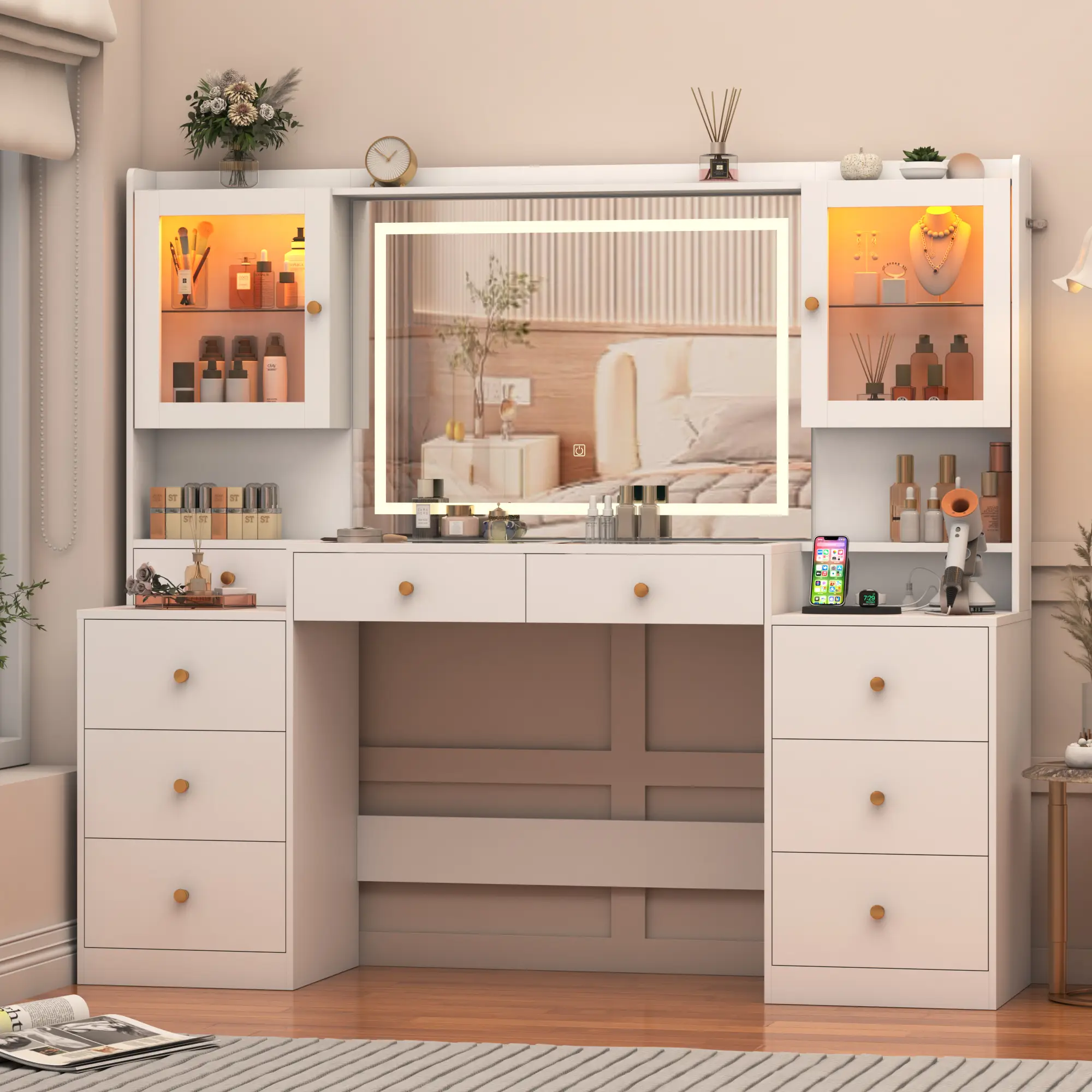 62" Large Vanity Desk w/ Tempered Glass Top,60000-color LED Lights,Power Outlet, Make up Vanity w/ 3 Lights Mode LED Mirror,9 Drawers,2 RGB Cabinet LE