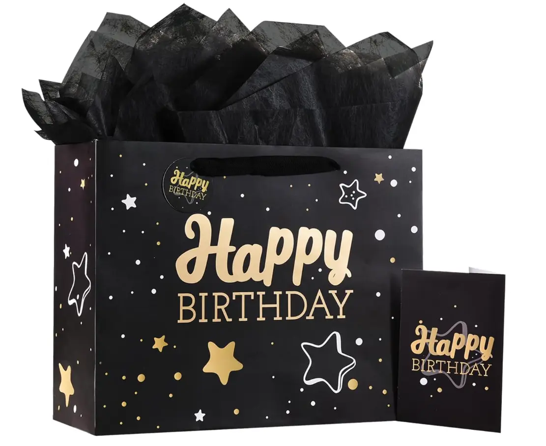 Elegant Durable Black Starry Sky Medium Happy Birthday Gift Bag Set (1-Piece, 13x10.2x4.9in) for Adults, Unisex Gift Packaging, Includes Greeting Card, Ribbon Handle, Crinkle Tissue Paper