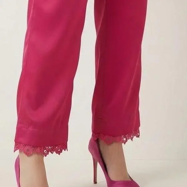 Silk Trouser Elegant Stylish with Lace Trim in Vibrant Pink for Women
