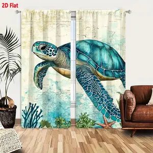2D Flat  Hot Vintage Sea Turtle Watercolor Curtain 2-Piece Set, Turquoise Blue Shell Turtle Flippers with Spotted Neck, Nautical Map Background Coastal Themed Window Curtains, Living Room Bedroom Decor