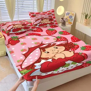 Strawberry Sweetheart Cartoon Fitted Sheet Set and 2 Coreless Pillowcases, Soft Anti-Wrinkle, Pink Base Colre, Red Strawberries, Green Leaves and a Cartoon Girl, Fruit Fresh Style Bedroom Decor, Gift Choice