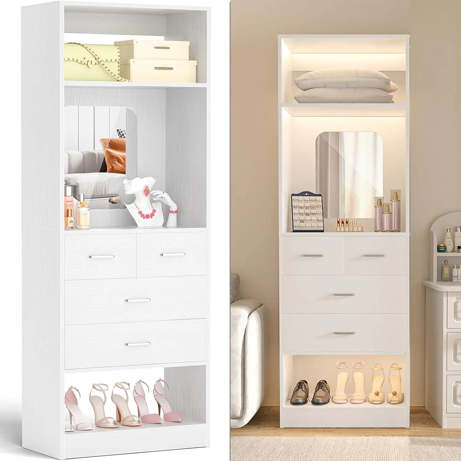 25'' W Freestanding Closet System with 4 Wooden Drawers and Big Mirror, Sturdy Walk-in Closet Organizer with Storage Shelves, Closet Tower for Bedroom Wardrobe Cabinet Wood Cabinet Chest