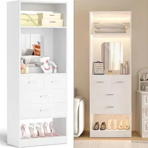 25'' W Freestanding Closet System with 4 Wooden Drawers and Big Mirror, Sturdy Walk-in Closet Organizer with Storage Shelves, Closet Tower for Bedroom