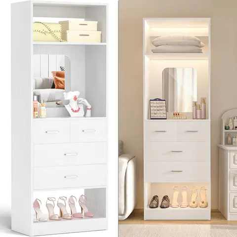 25'' W Freestanding Closet System - Sturdy Organizer with 4 Wooden Drawers, Big Mirror, Storage Shelves - Closet Tower for Dresser Organization, Modern Bedroom, Small Room Ideas