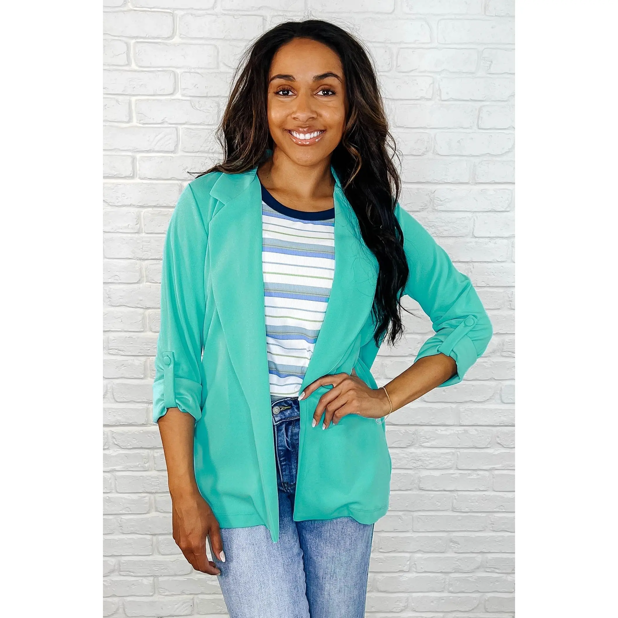 I'm Really That Gal Open Front Blazer in Aqua