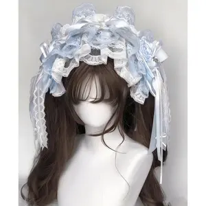 Lolita Handmade Sweet and Cute Blue and White Lace Bow Blue Rose Headband Accessory