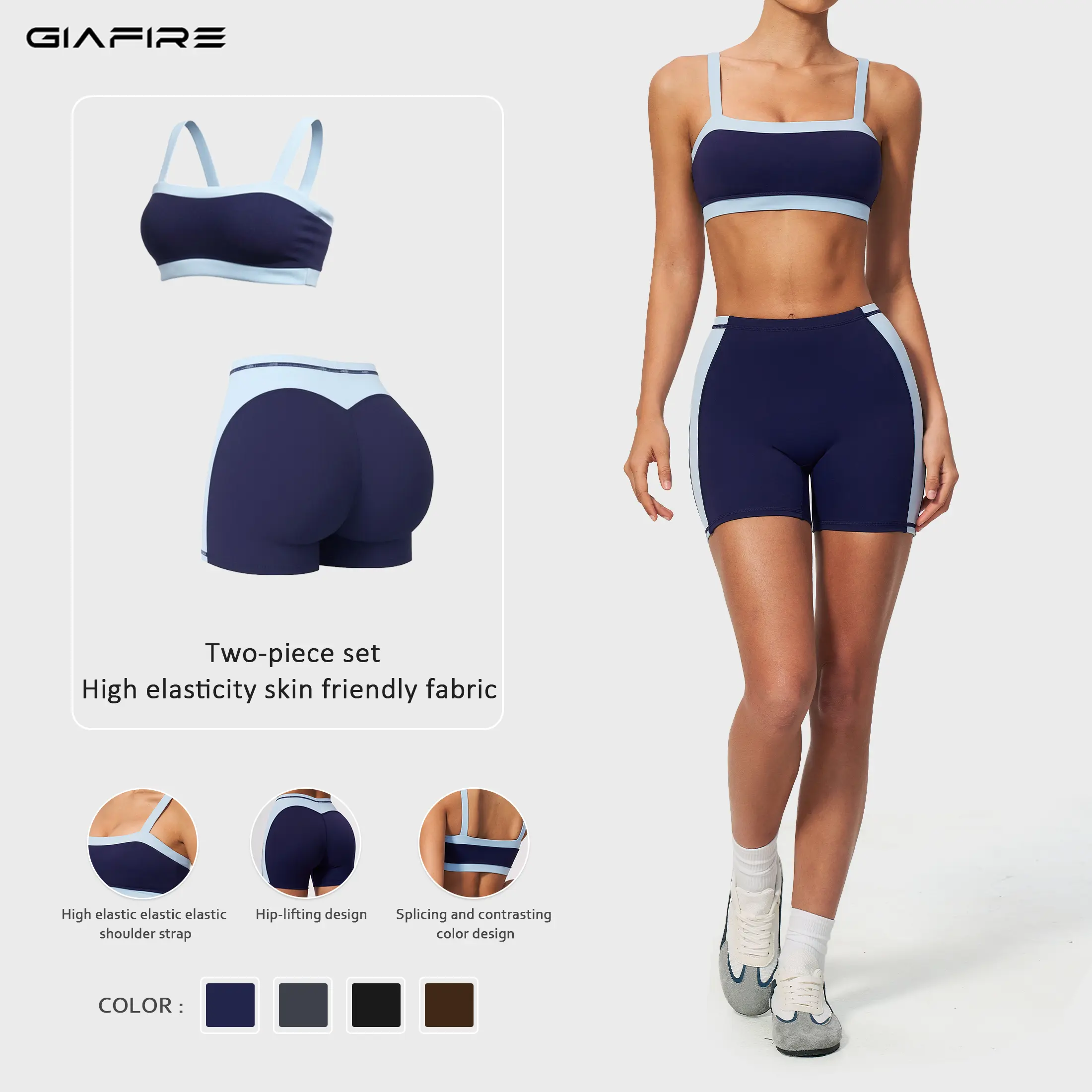 GIAFIRE Women's 2-Piece Yoga Fitness Set Square neck high-stretch shockproof sports bra with high-waisted breathable sweat-wicking butt-lifting shorts. Minimalist outfit ideal for Pilates, gym, beach, outdoor sports and daily casual wear.