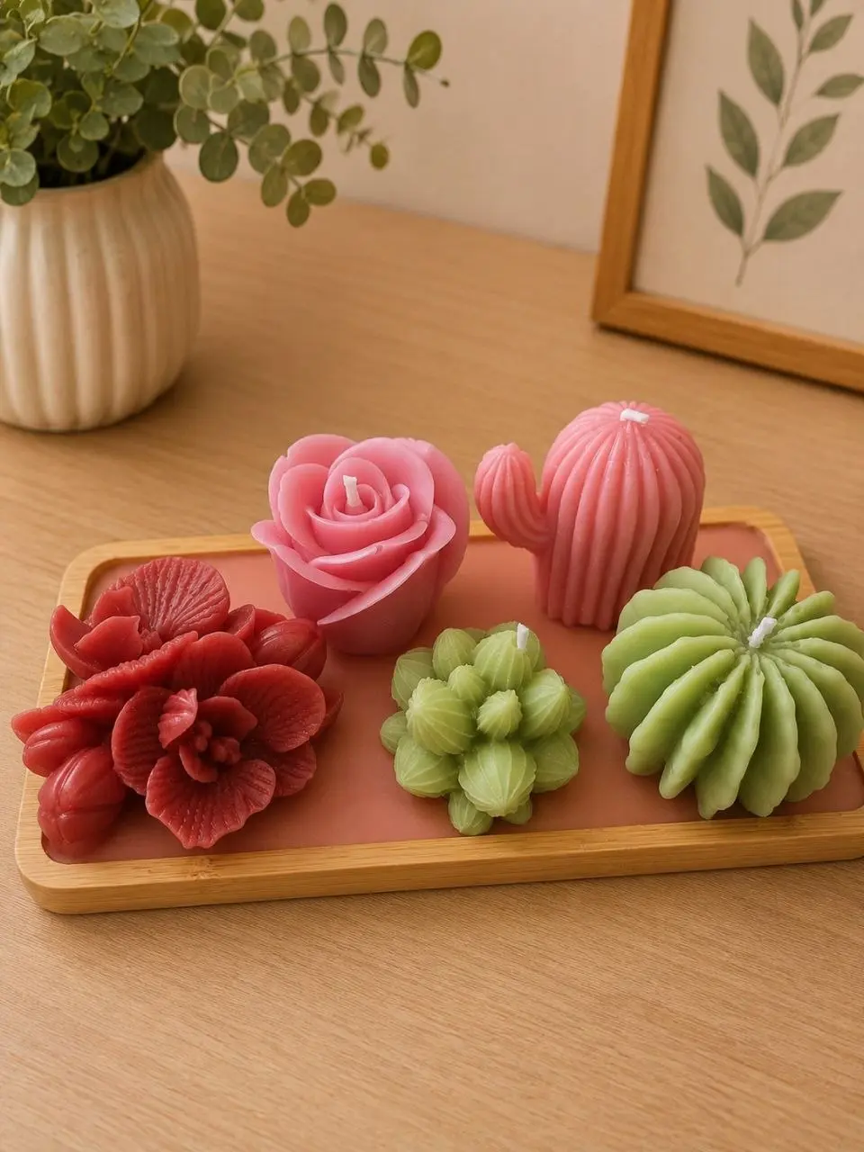 Handmade Botanical Candle Set – Floral, Cactus and Succulent Decorative Candles on Wooden Tray