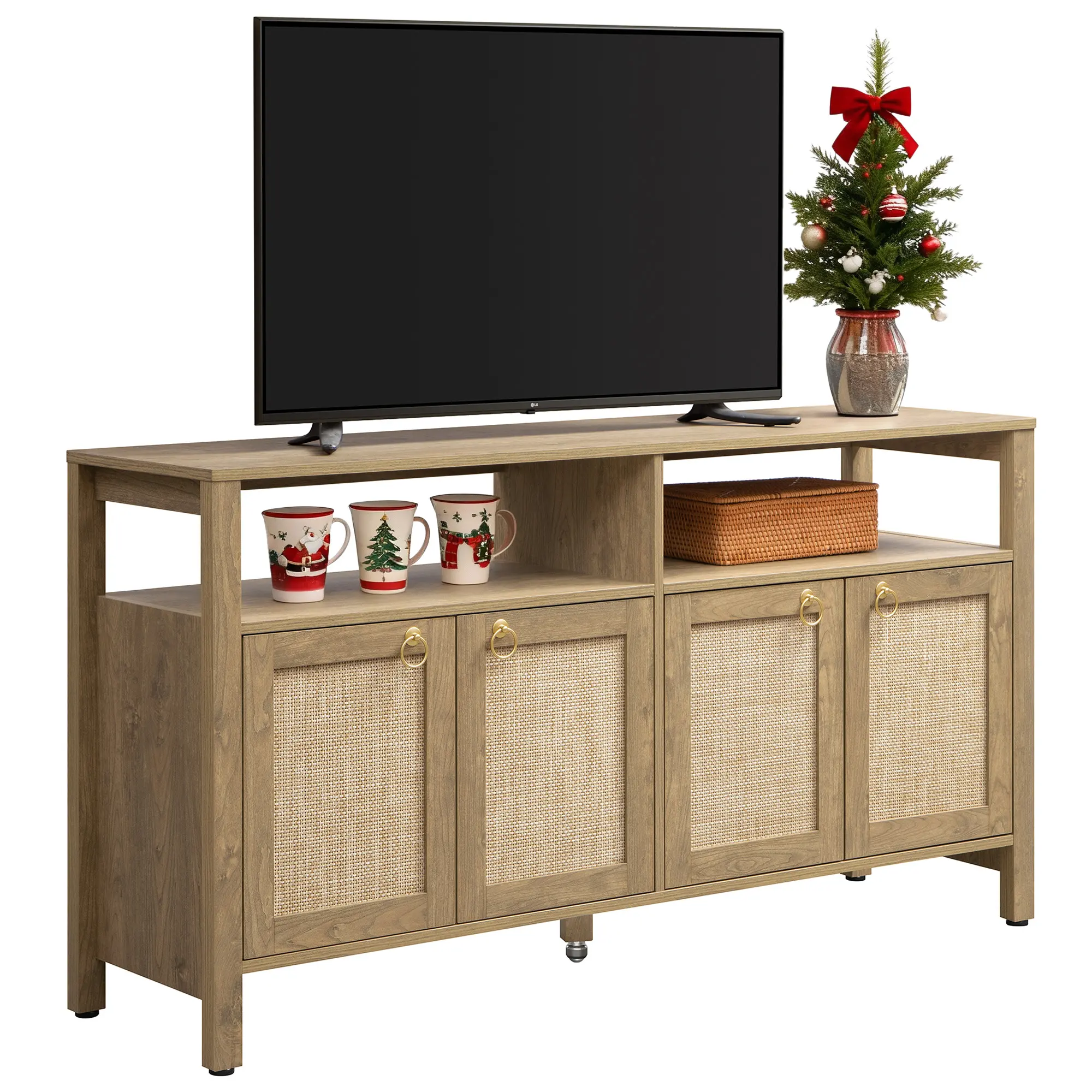 SICOTAS Multifunctional Rattan TV Stand - 29.5" Tall Entertainment Center for 65" TVs, 4-Door Boho Media Console with Adjustable Shelf, Closed Storage and Open Shelves for Living Room, Multifunctional Tv Stand