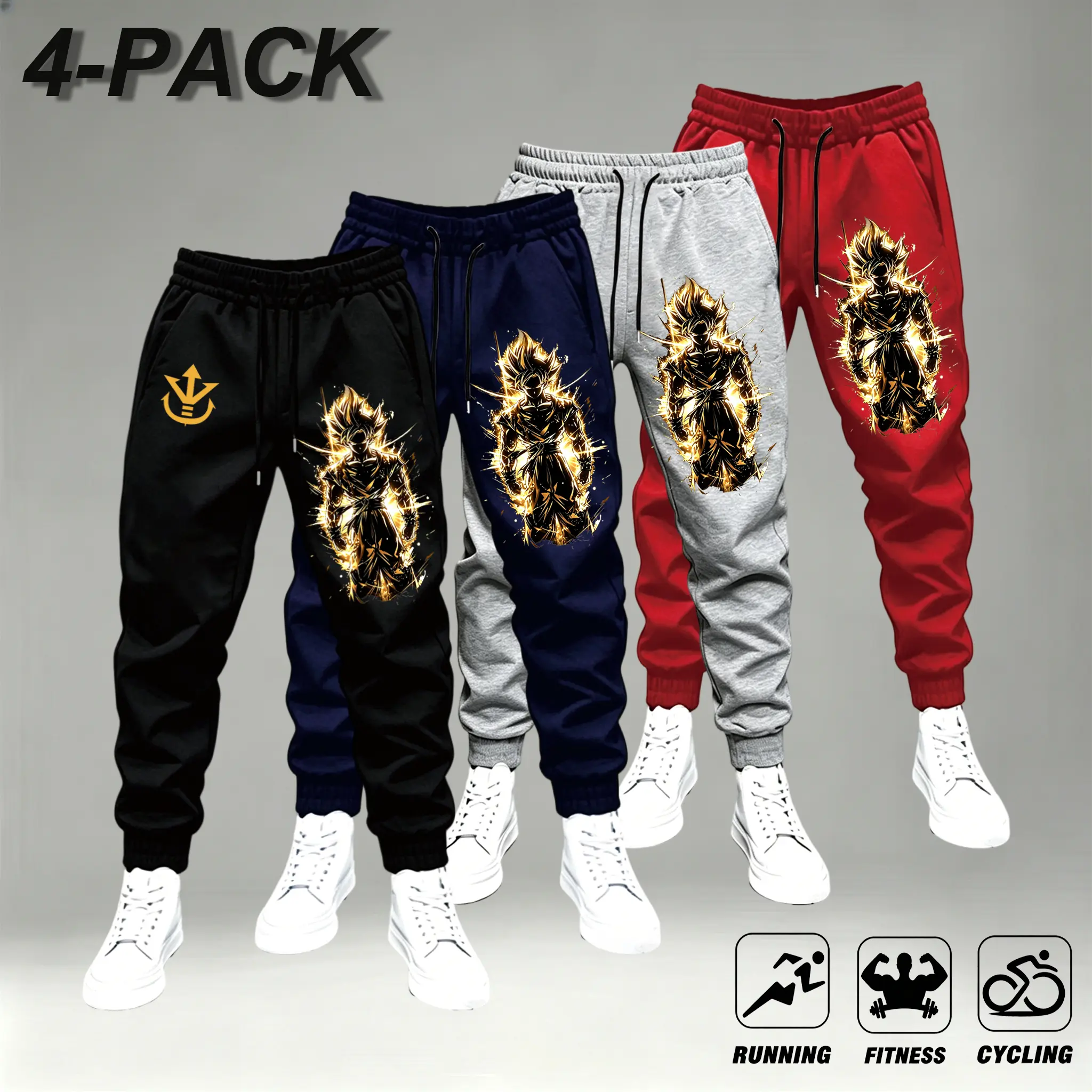Men's 4-Pack Golden Lightning Graphic Jogger Sweatpants - Black, Navy, Gray, Red - Elastic Drawstring Tapered Anime Streetwear - Comfortable Stylish Athletic Trousers for Running, Fitness - Unisex Anime Fan Sportswear, Men's Sweatpants