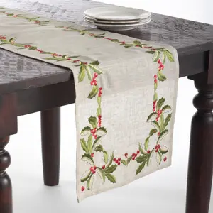 Saro Lifestyle  16 x 90 in. Embroidered Holly Design Table Runner, Natural