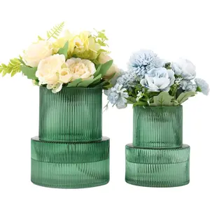 Ribbed Vases for Bouquet, Set of 2 Green Vases for Flowers, Green Vase for Tulips, Vase for Living Room, Office, Coffe Table, Dining Table, Shelf, Wedding