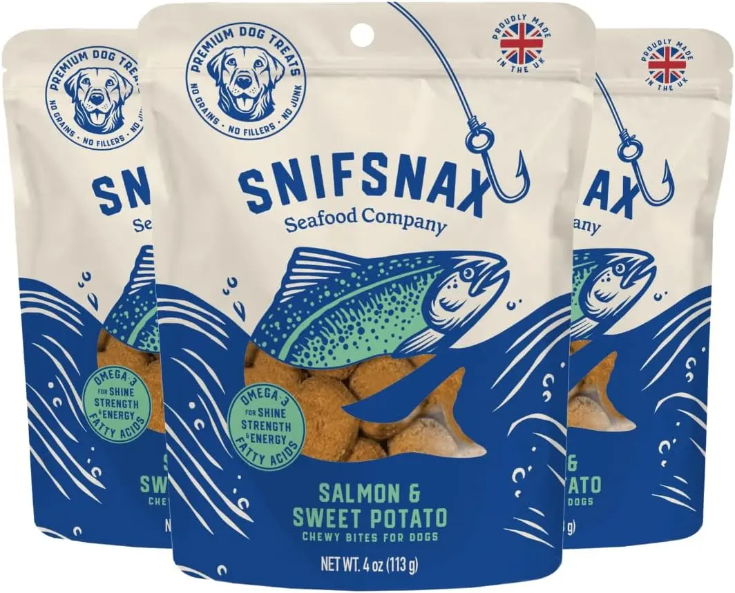 SnifSnax Chewy Salmon & Sweet Potato Dog Treats | 3-Pack (4oz) | Real Salmon | Grain-Free | Soft Bites for All Ages