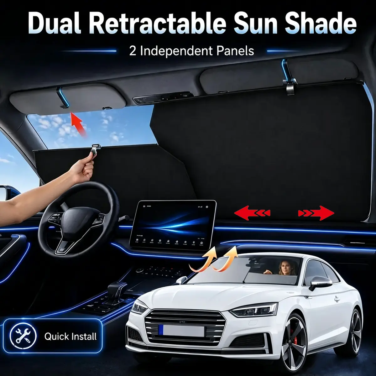 2026 Car Windshield Sun Shade, Retractable Auto Sun Visor with Privacy & UV Protection, Adjustable Foldable Sunshade for Cars, Daily Parking & Outdoor Use