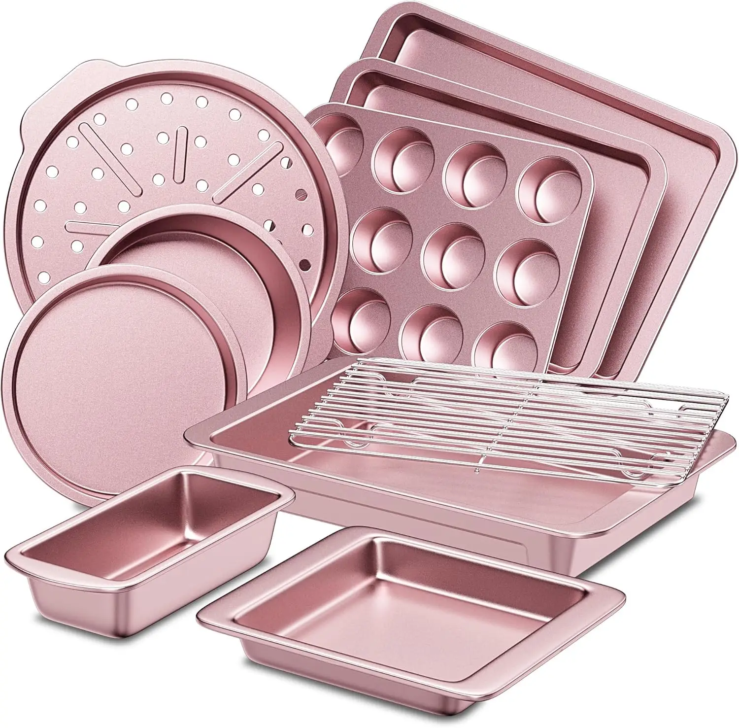 [FallDealsForYou]HONGBAKE 10pc Bakeware Sets, Teflon-free Cookware Set, Non-Stick, Baking Pan Set, Cookie Sheets, Girly Kitchenware,Baker, Pink Kitche