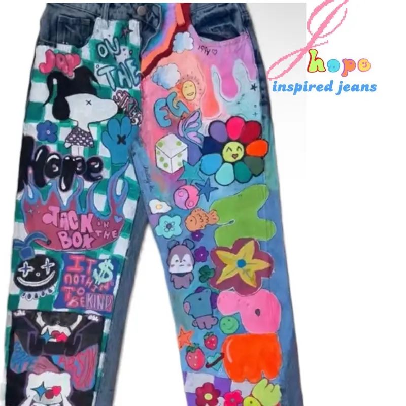 hobicore/jack in the box collage inspired pants| handpainted | upcycled Jean Bottom Womenswear Streetwear Fabric Colorful Fits Comfort Denim Trouser
