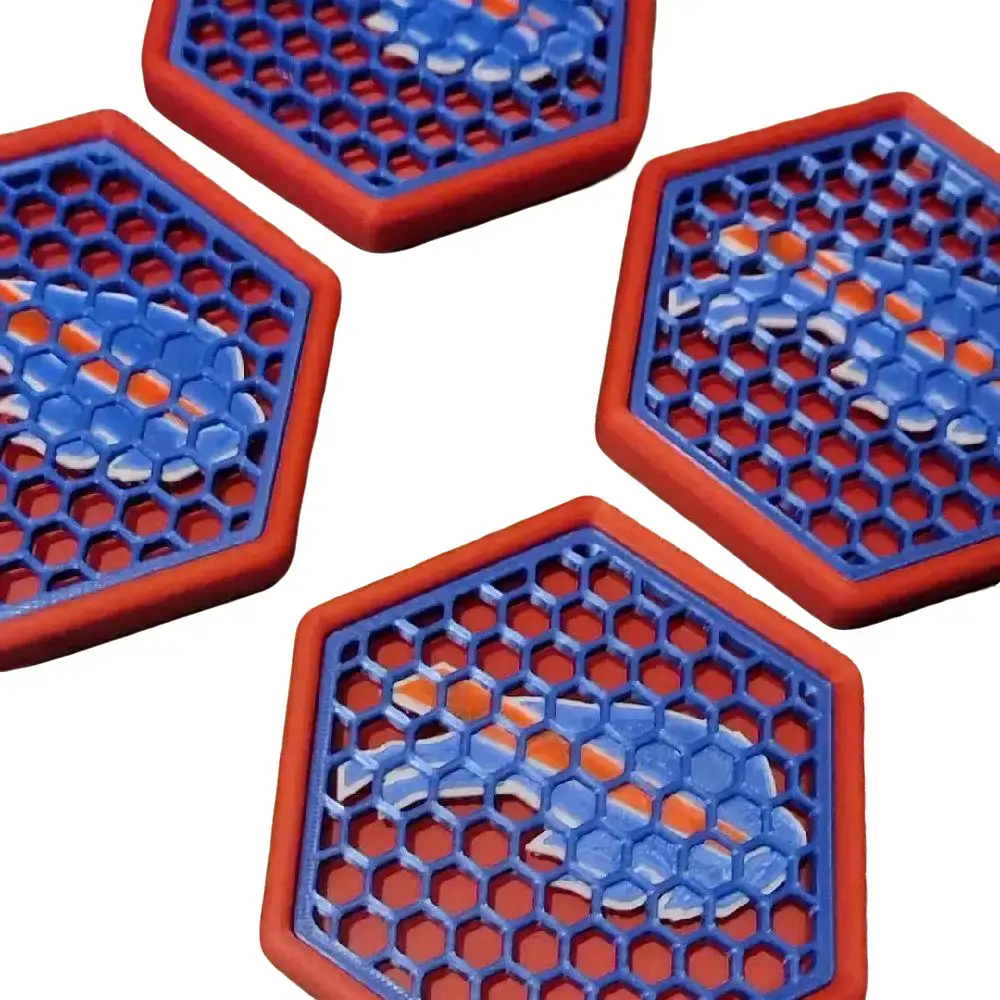 Hexagonal Drink Coasters - Blue & Red Honeycomb Design for Tabletop Protection