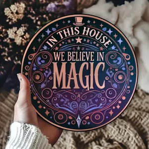 8x8 Inch Enchanting "In This Home, We Believe in Magic" Vintage Aluminum Wall Sign – Celestial & Cosmic Design, Whimsical Fantasy Wall Art for Home, Bedroom, or Living Room Decor |   Perfect Gift for Magic & Fantasy Lovers