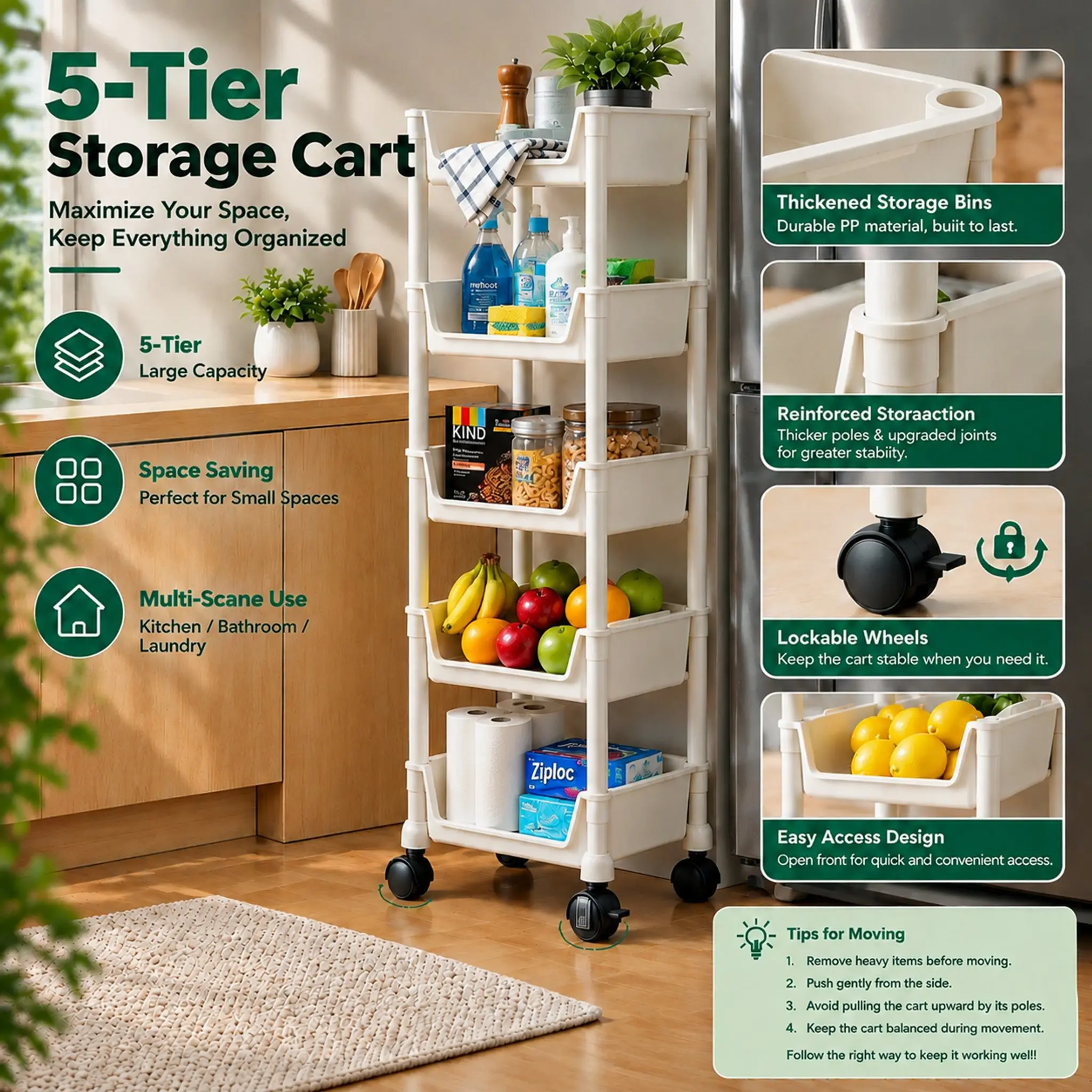 Minimalist Rolling Storage Cart with Wheels - Multi-Layer Adjustable Freestanding Plastic Household Rack, Space-Saving Portable Easy-Install Utility Organizer with Bookshelf for Kitchen, Bathroom - Memorial Day Deal,book shelf