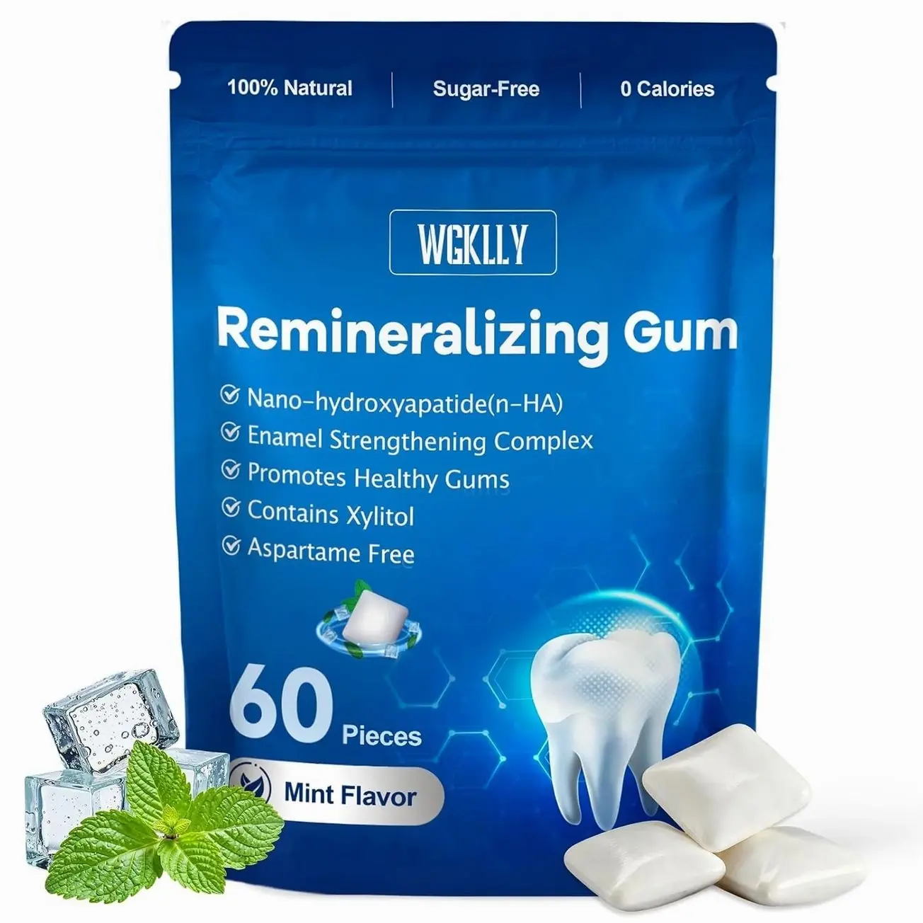 Remineralizing Gum with Nano Hydroxyapatite,Smooth Xylitol Gum Mint Long-Lasting Sugar-Free Gum Hydroxyapatite Gum for Tooth Remineralization and Fresh Breath No Aspartame Plastic-Free 60 Pieces