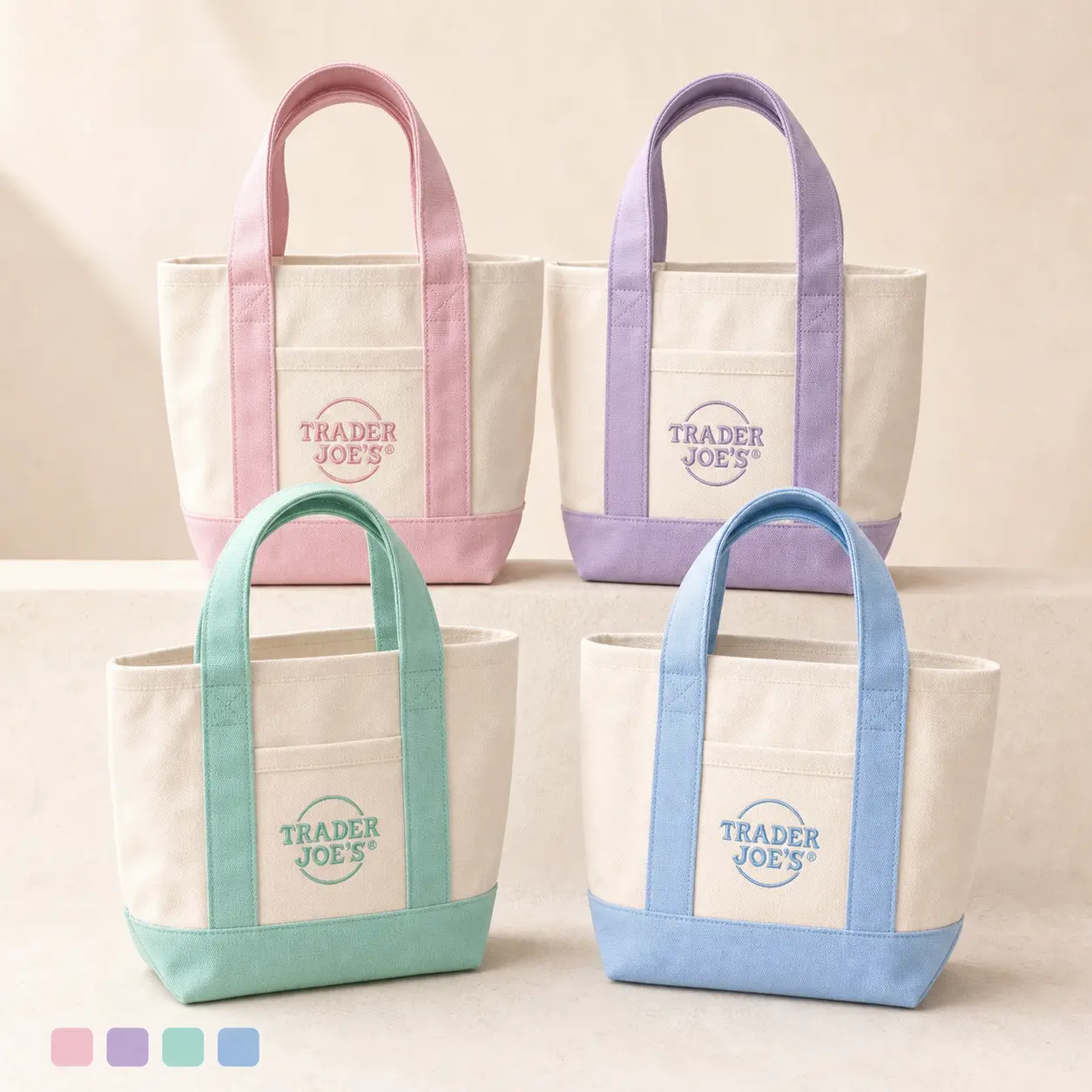 2-PACK Mini Canvas Tote Bag Set, 2026 Pastel Striped Heavy Duty Cotton Reusable Grocery Totes with Front Pocket for Lunch, Work, Travel & Daily Errands