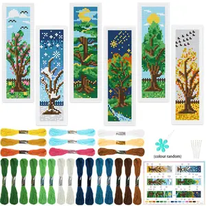 6-piece set of four season tree themed cross stitch bookmark handmade DIY material package - fabric bookmark to add reading fun - including English manual suitable for adult beginners and sewing enthusiasts - a unique gift for teachers and friends