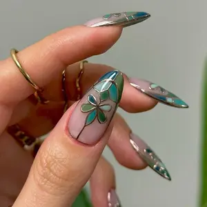 Stained Glass Press On Nails, Stained Glass Inspired Nail Art, Fake Nails, Floral Transparent Nails, 3D Nails, Acrylic Press On Nails