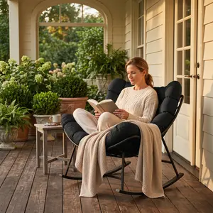 Oversized Papasan Rocking Chair - Modern Egg-Style Large Rattan Indoor/Outdoor Rocker with Thick Cushion, Patio Outdoor Furniture