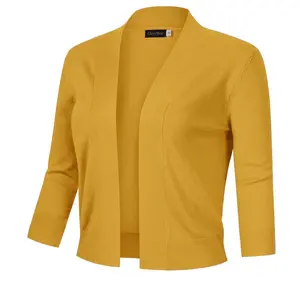 Women s 3/4 Sleeve Cropped Cardigan Sweaters Open Front Knit Short Bolero Shrugs Mustard Yellow XS