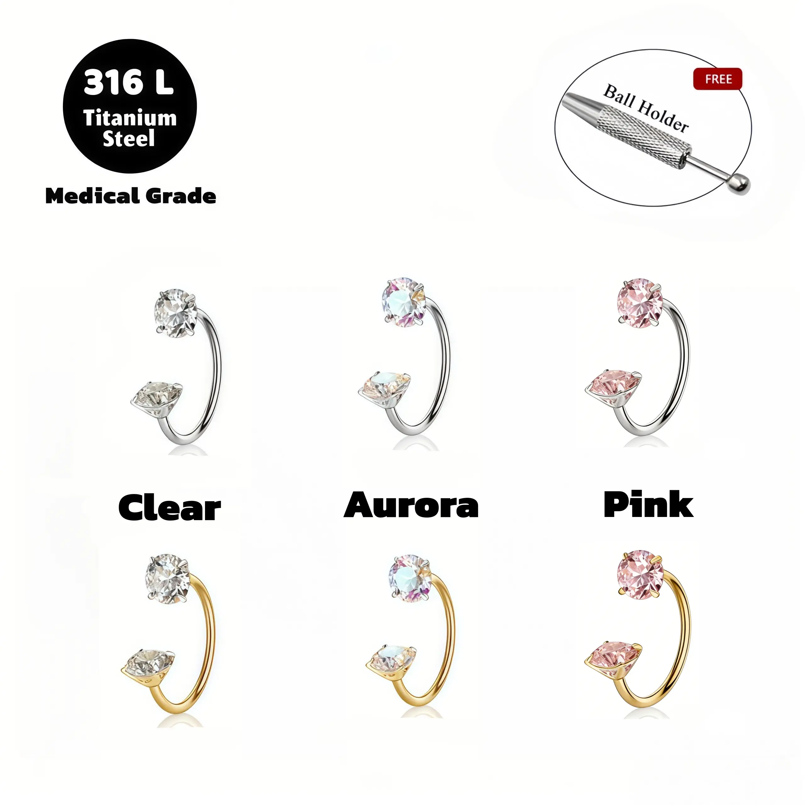 6pcs Value Pack 316L medical-grade titanium steel 18G1.0mm Horseshoe Nose Hoop Internally Threaded GemsNose Ring with Free Ball Holder & Guiding Needle - Piercing Jewelry
