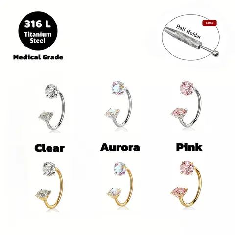 Female Women's 6pcs Value Pack 316L Medical-Grade Titanium Steel 18G (1.0mm) Internally Threaded Gems Horseshoe Nose Hoop for Nose Piercings, 7mm-8mm Inner Diameter, Free Ball Holder & Guiding Needle, Ideal for Daily Use by Experienced Users
