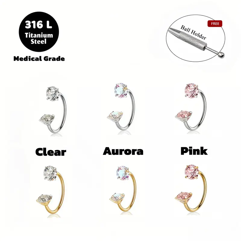 Female Women's 6pcs Value Pack 316L Medical-Grade Titanium Steel 18G (1.0mm) Internally Threaded Gems Horseshoe Nose Hoop for Nose Piercings, 7mm-8mm Inner Diameter, Free Ball Holder & Guiding Needle, Ideal for Daily Use by Experienced Users