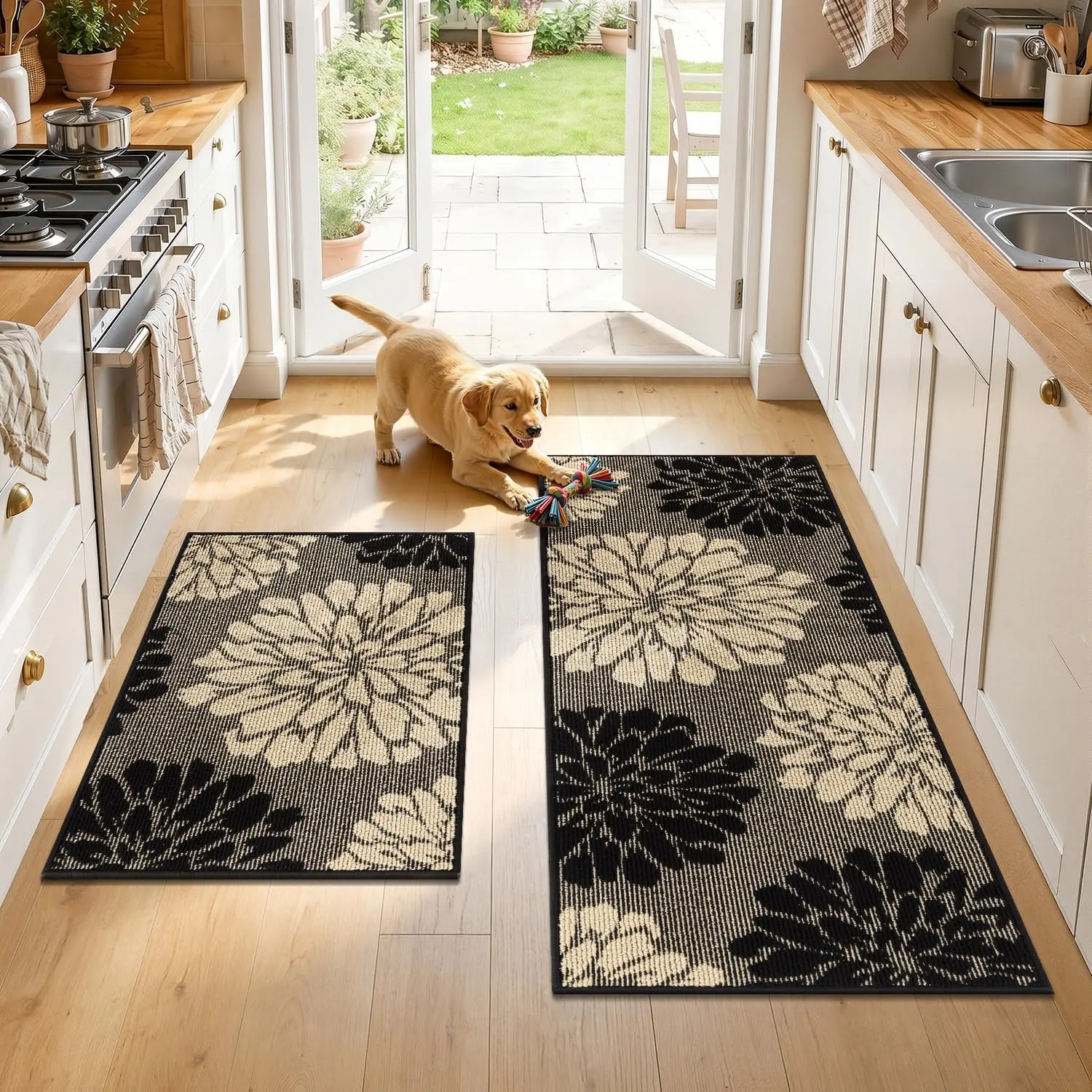 Yamaziot Floral Kitchen Rugs Sets of 2, 24" x 36" + 24" x 60" Non Slip High-Low Textured Washable Kitchen Runner with Rubber Backing, Kitchen Mats for Floor, Entryway, Hallway, Sink