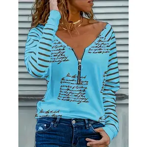 2pcs Spring/Autumn New Random Print Zipper V-Neck Long Sleeve Loose Casual Women's Top - Comfortable and Stylish for Casual Attire & Home Use, Autumn Clothing, Spring Fashion, Geometric Pattern, Breathable Fabric, Soft Material, Printed Blouse, Adults