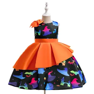 Kids Clothes 058 Black Orange Halloween Dress Children Cosplay Costume Fancy Carnival Pumpkin Witch Vampire Party Holiday Princess Frock 3-8Y