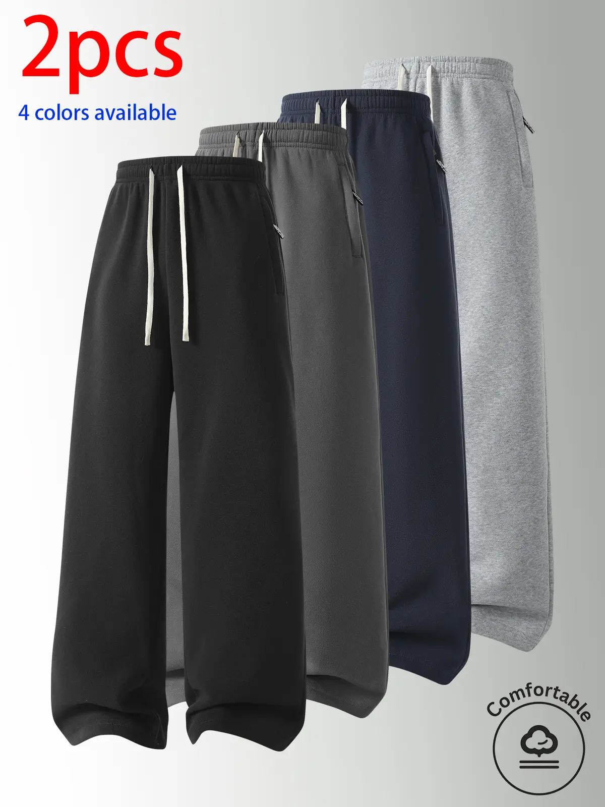 2-pack men’s long pants—casual straight-leg trousers with an elastic waistband and a drawstring at the waist; simple, loose wide-leg straight cut that elongates the figure vertically; suitable for commuting, campus, sports, and everyday outings.