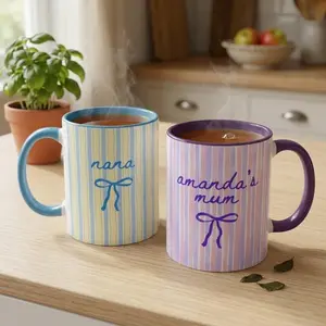 [Mother's Day Collection - Sale Up To 40%] Personalized Mom Accent Mug with Name, Custom Nana Grandma Coffee Mug, Pastel Striped Bow Design Mug, Mothers Day Gift Idea