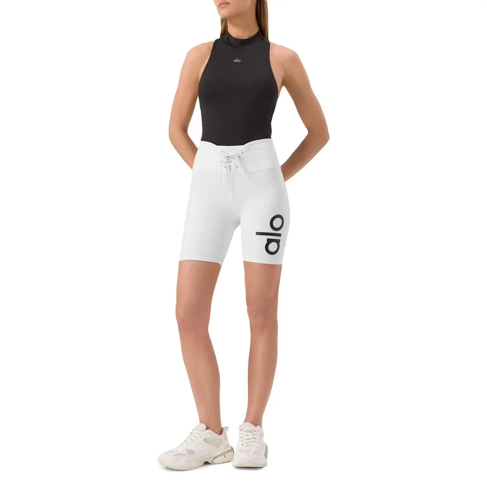 Alo Yoga Yogi Biker Performance Shorts in White/Black | Women's