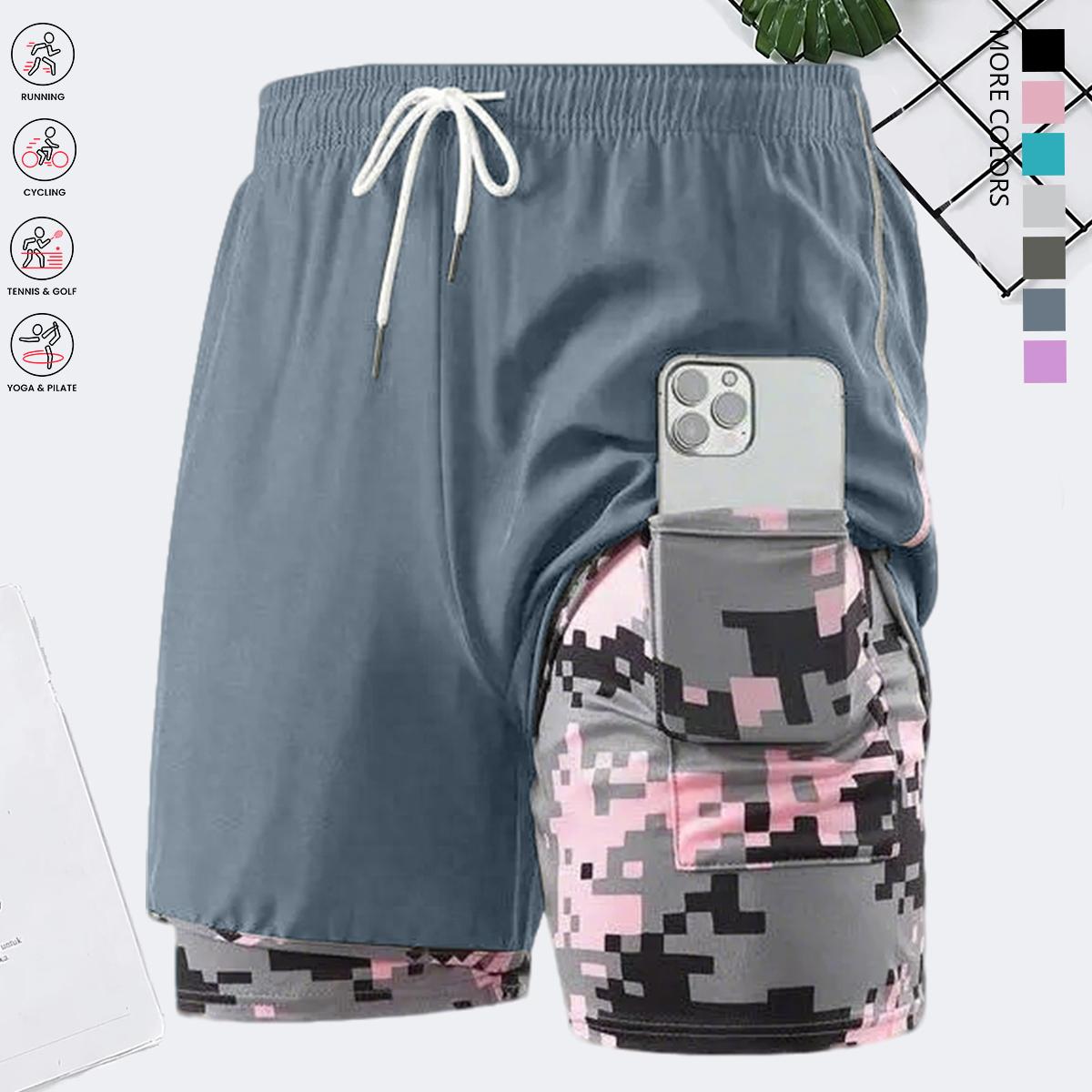 Women’s summer shorts: double-layer faux two-piece mid-length shorts; camouflage women’s shorts; polyester–spandex knit fabric shorts; breathable, quick-drying compression base layer shorts; elastic waistband with drawstring; side mesh pockets; suitable f