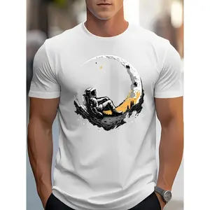 Vintage Astronaut Sitting On Crescent Moon Space Graphic Men's Oversized T-Shirt | Retro Bootleg Streetwear Space Lover Gift Novelty Tee