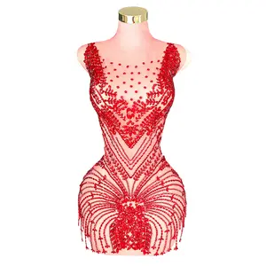 Handmade Red Beaded Floral Bodice Applique for Bridal and Evening Gowns Luxury Crystal Embellished Mesh Design Formal Dress Accessories Custom Decoration