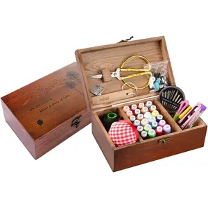Sewing Kit, Wooden Sewing Kit Box for Adults, Wooden Sewing Basket with Accessories, Home Sewing Basket Stitching Repair Kit for Beginner, Women, Men, Embroidery  Kit (Retro Brown)