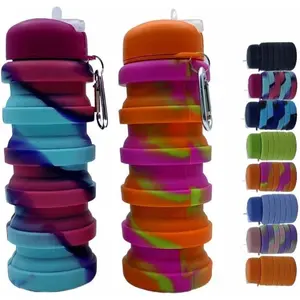 Collapsible  Bottles 2 Pack 16oz(about 500ml), Travel Portable Sport  Bottle, Silicone Foldable  Bottles for Gym Camping Outdoor Hiking.(Orange Camouflage+Rose Red) Water, Reusable Water Bottle, Sports Water Bottle
