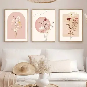 3 Pieces Optional Wooden Frame Pink Watercolor Floral Print Japanese Art Wildflower Canvas Painting Simple Modern Home Decor Wall Poster Decor Salon Large Mural Spring Decor